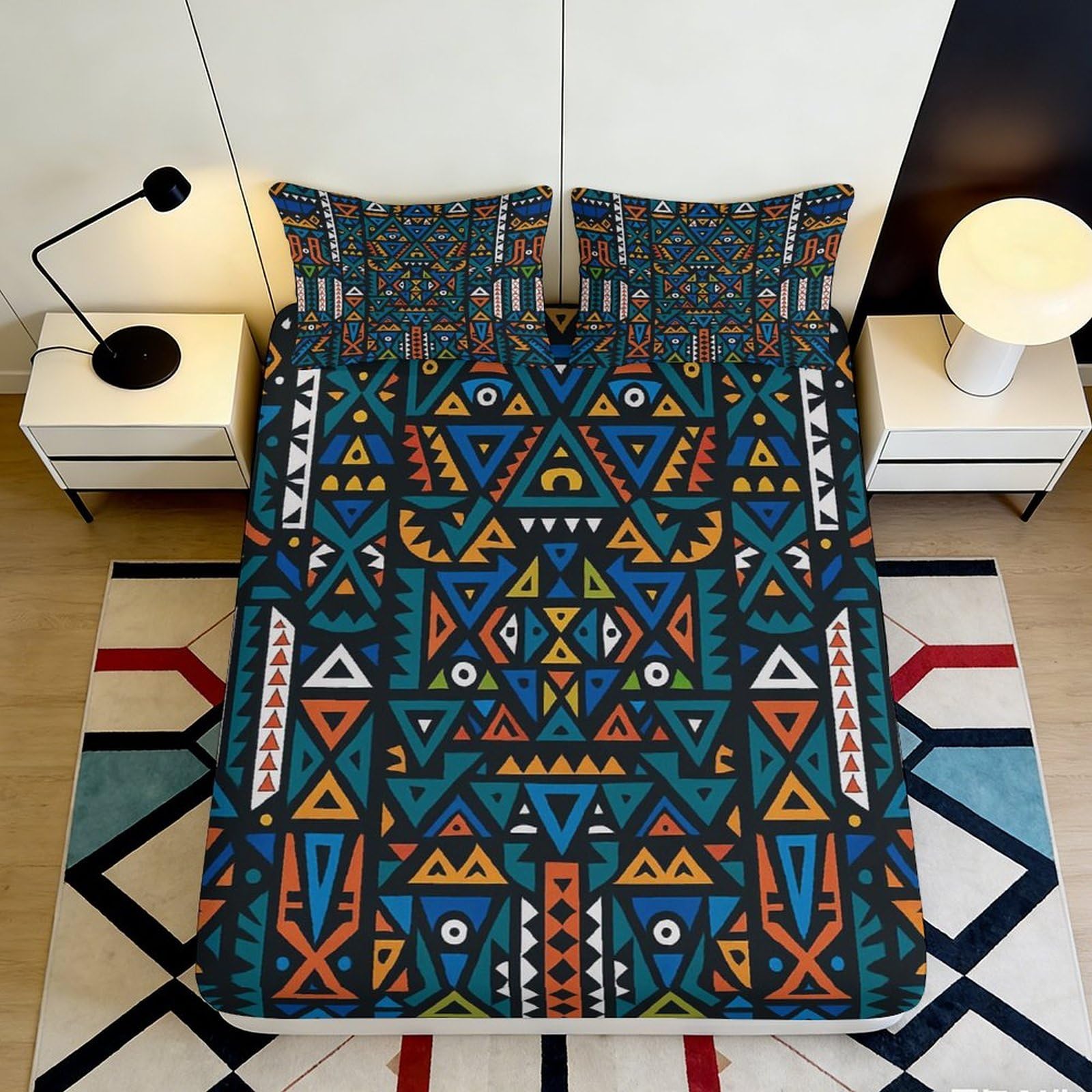 3D Printed Geometric Tribal Fitted Sheet Microfiber Soft Breathable Abstract Ethnic Bed Cover for Bedroom Guest Room Decor 90x200x25cm