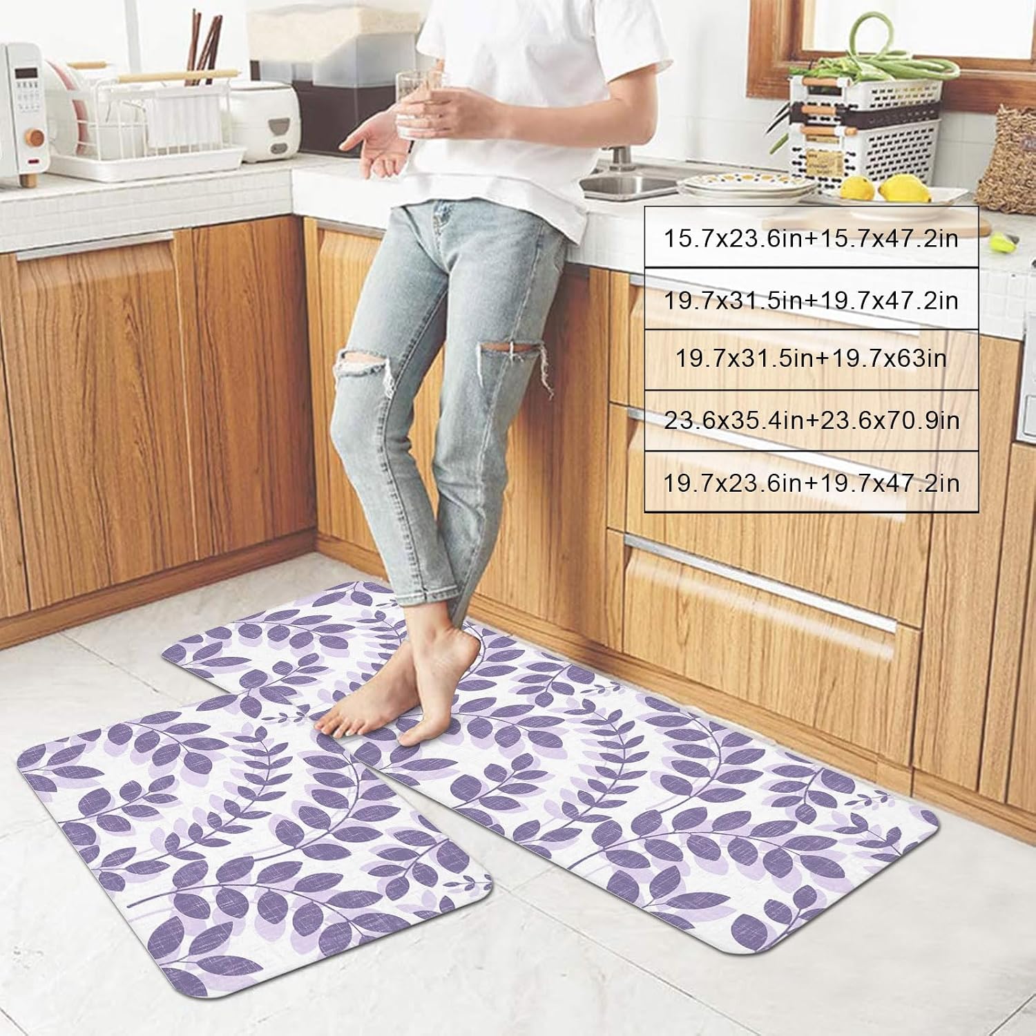 Farm Plant Leaf Kitchen Mats Set of 2 Lavender Purple Branch Leaves Linen Texture Non Slip Mat Washable Floor Rug for Kitchen Sink Floor Laundry, 20"x24"+20"x48"