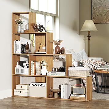 6 Cube Geometric Bookshelf, L Shaped Corner Ladder Shelf, 4 Tier Etagere Bookshelf with Backpanel, 10 Shelves Storage Display Rack for Home Office Living Room 1, Natural