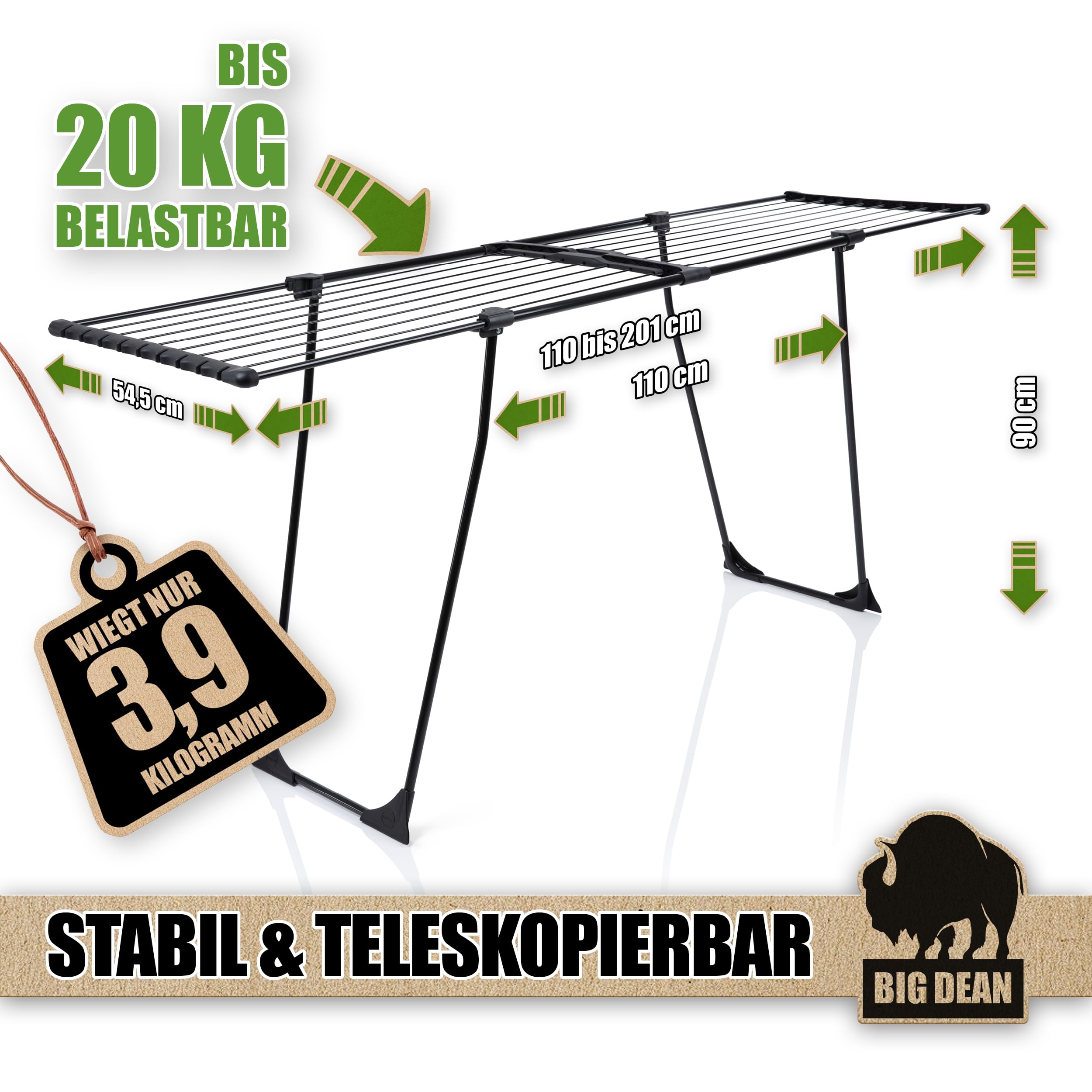 BigDean Wäscheständer 200 ausziehbar 20M Trockenfläche Teleskop XXL schwarz