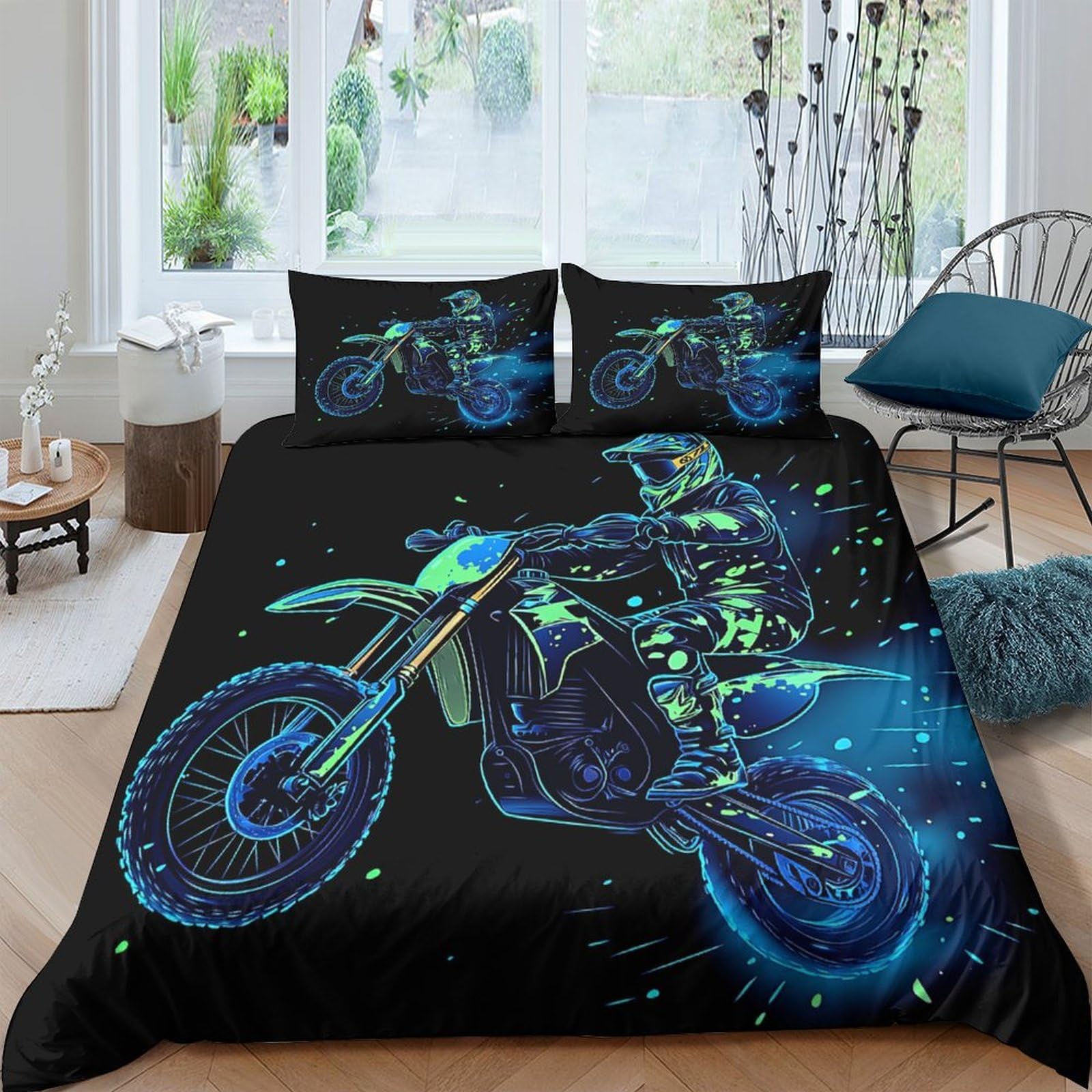Ctjqhvkz Style-4 3D Printed Neon Motorcycle Fitted Sheet Microfiber Breathable Blue Racing Bed Cover For Bedroom Dorm Decor Single（135X200cm）