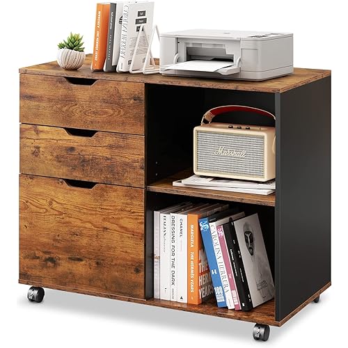 DEVAISE 3-Drawer Wood File Cabinet, Mobile Lateral Filing Cabinet, Printer Stand with Open Storage Shelves for Home Office, Rustic Brown