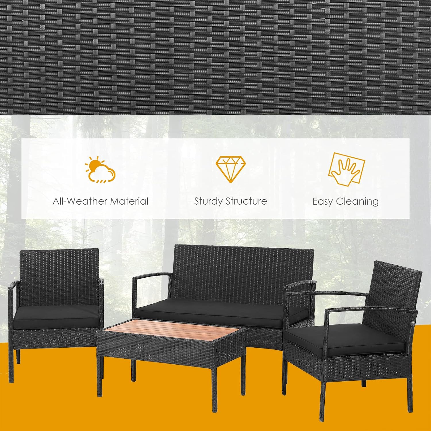 COSTWAY 4PCS Patio Rattan Furniture Set Cushioned Chair Wooden Tabletop Black