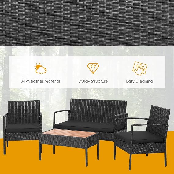 COSTWAY 4PCS Patio Rattan Furniture Set Cushioned Chair Wooden Tabletop Black