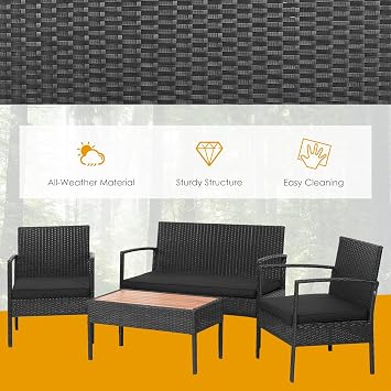 COSTWAY 4PCS Patio Rattan Furniture Set Cushioned Chair Wooden Tabletop Black