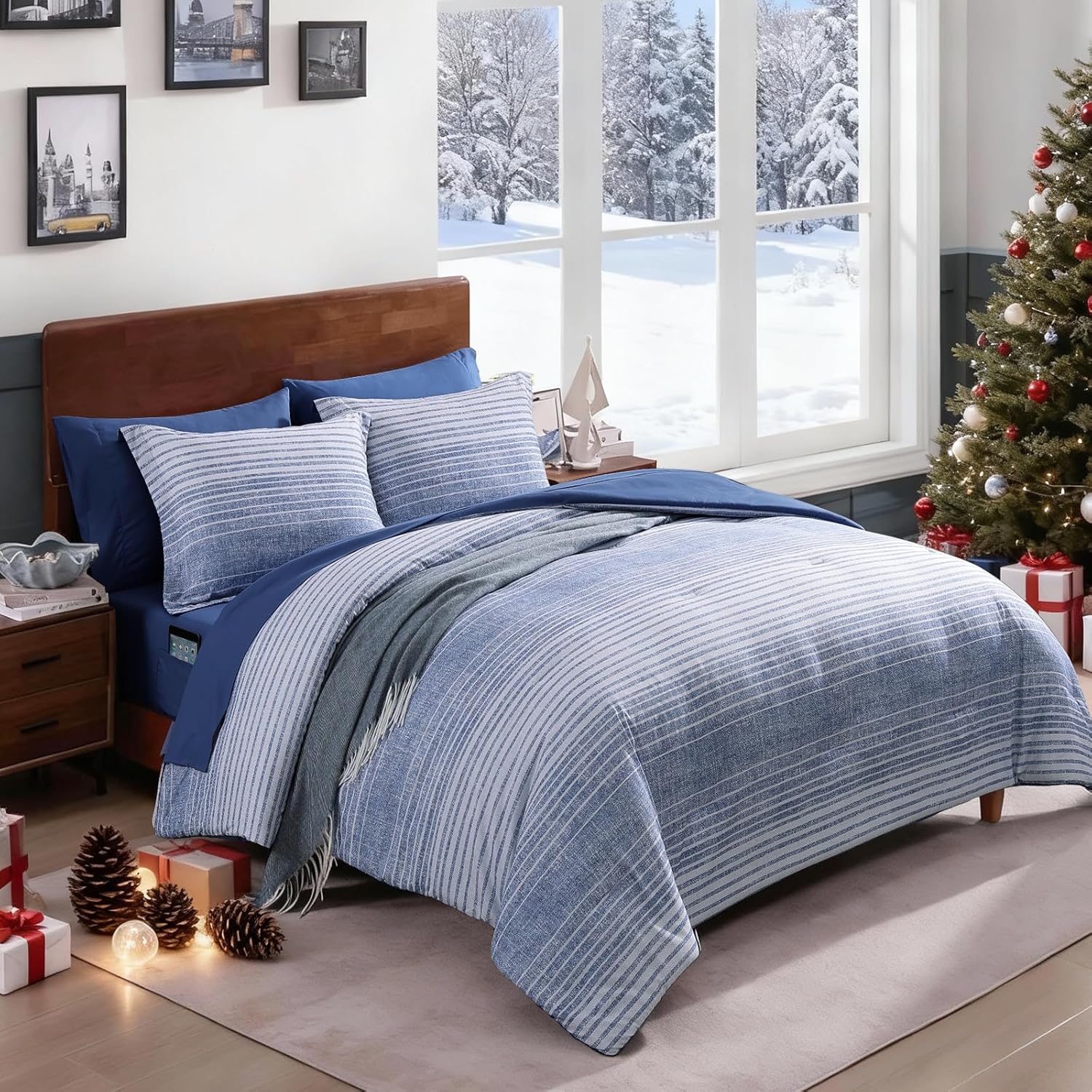 Full Comforter Sets Striped, Ocean Blue Coastal Bedding Set 7 Pieces for Boys Girls Teen, All Season Bed in a Bag for Dorm with Sheets, Pillowcases & Shams