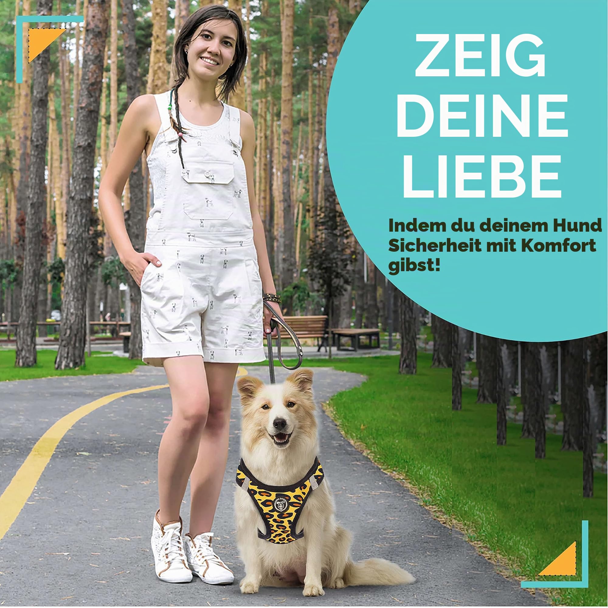 SUPER DOGGY Anti-Pull-Hundegeschirr-Set mit Leine und Beutelspender, atmungsaktives Geschirr für kleine und mittelgroße Hunde, sicheres Hundegeschirr (Leopard, M (7-11 KG))