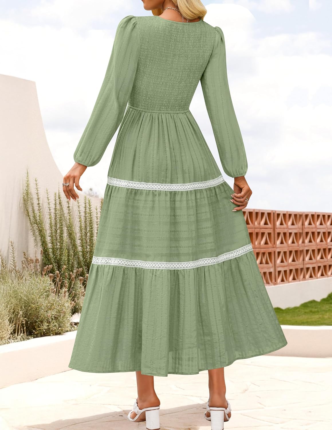 ZESICA Women's Spring Long Sleeve Maxi Dresses 2026 Casual Crewneck Smocked A Line Tiered Flowy Wedding Guest Long Dress - Image 3