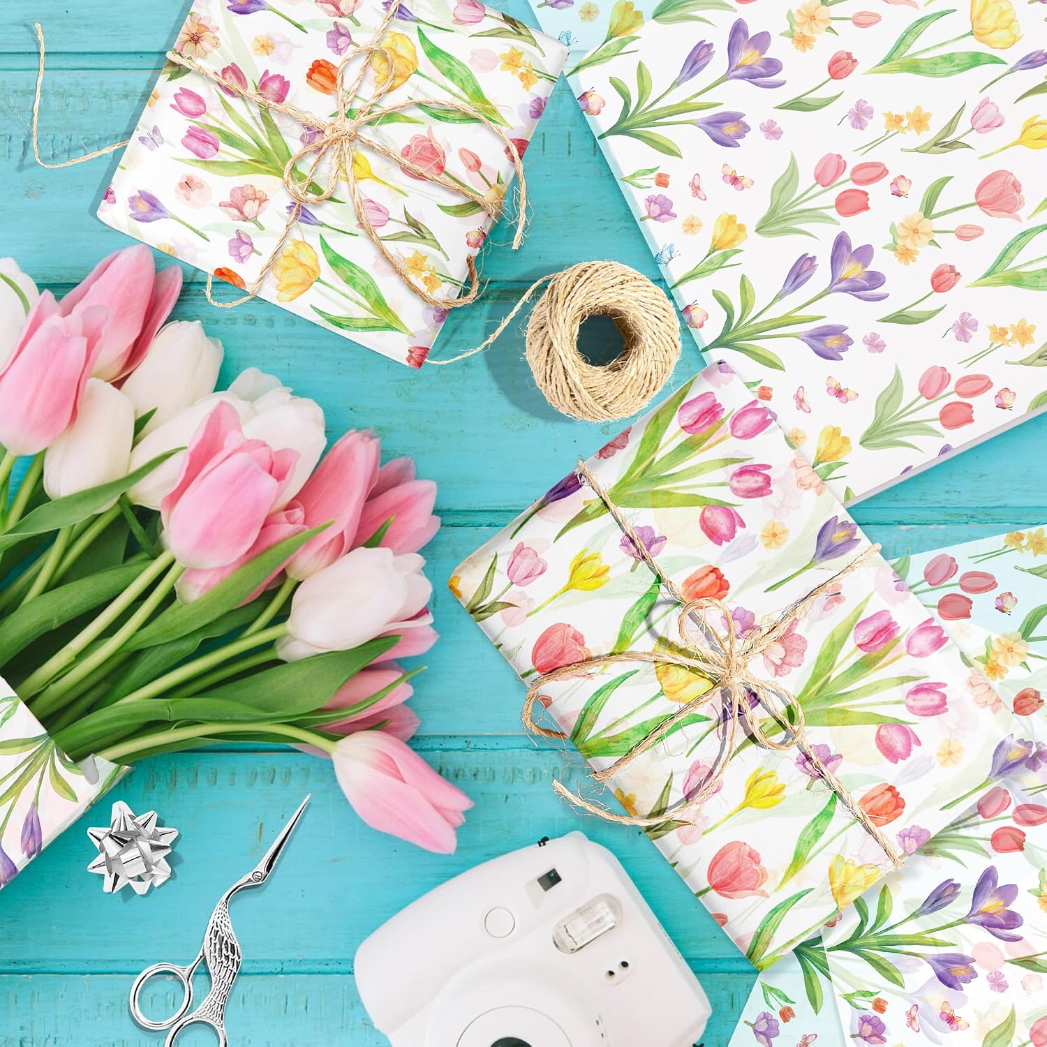 100 Sheets Watercolor Tulip Pattern Wrapping Tissue, Floral Theme Gift Wrap Tissue Paper DIY Packing Crafts for Birthday Wedding Baby Shower Summer Party Decorations, 13.8 x 19.7 inches