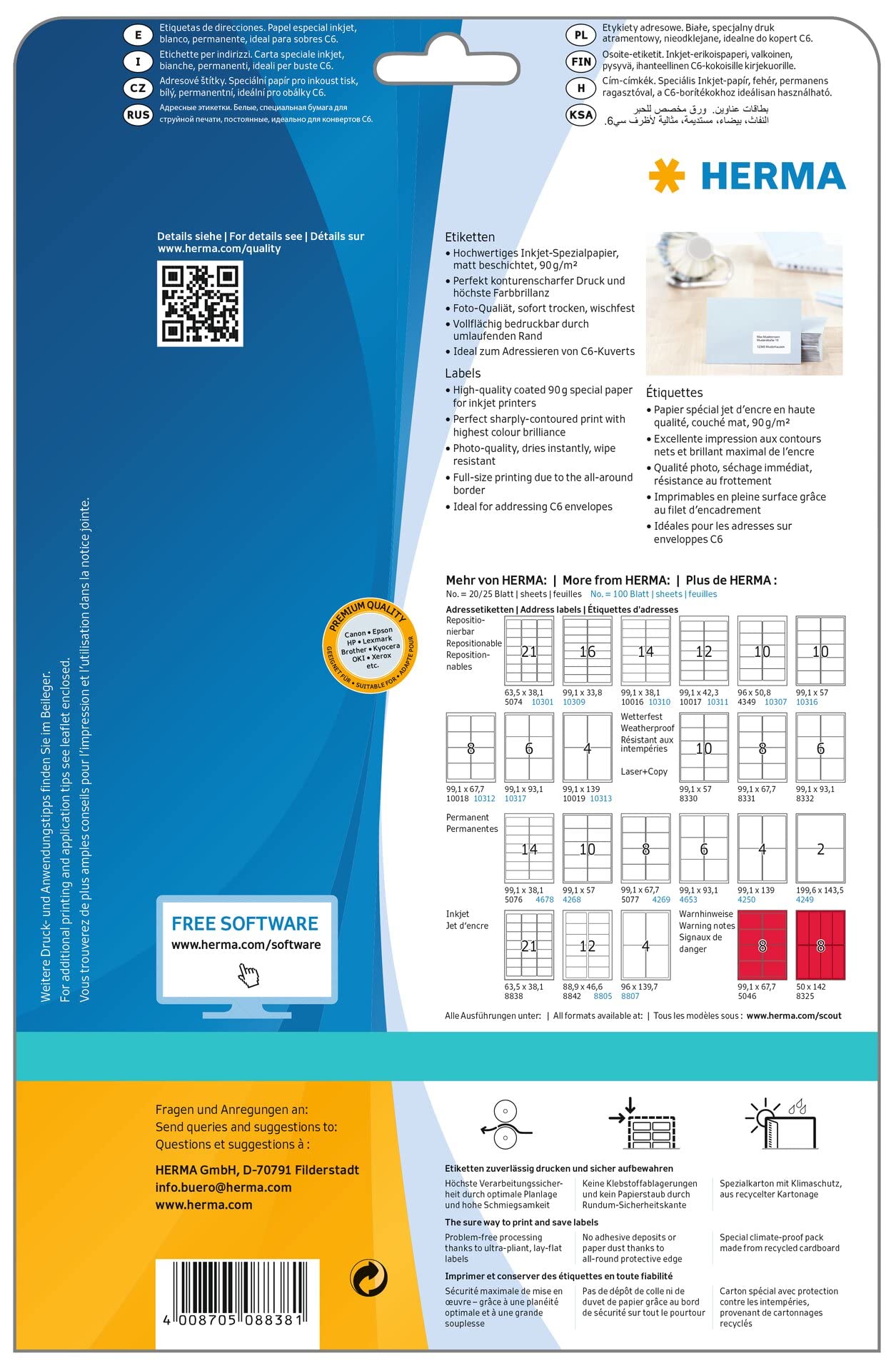 HERMA 8838 Adressetiketten für Inkjet Drucker, 800 Blatt, 63,5 x 38,1 mm, 21 pro A4 Bogen, 16800 Stück, selbstklebend, bedruckbar, matt, blanko Adressaufkleber Etiketten für Tintenstrahldrucker, weiß