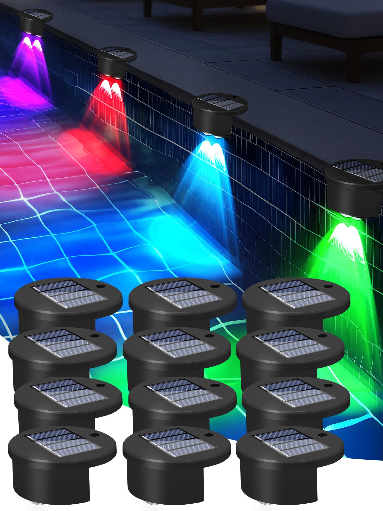 Rinfency Doppelte Lichter Solarleuchten für Terrassen und Pools, RGB-Solarleuchten für den Außenbereich, LED-Solarleuchten für oberirdische Schwimmbecken, Zubehör für Trampolin, Terrasse, Zaunpfosten
