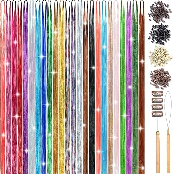 24 Colors Hair Tinsel Kit, 48 Inch 8600 Strands Glitter Tinsel Hair Extensions Heat Resistant Sparkling Colored Hair Tensile Kit, Fairy Hair Accessories for Women Party Festival 24 Colors