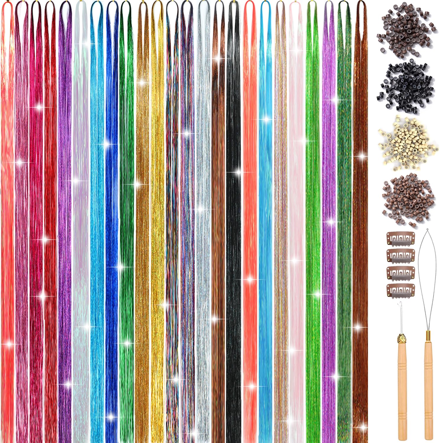 24 Colors Hair Tinsel, 8600 Strands Hair Tinsel Kit, Tinsel Hair Extensions 48 Inch 24 Colors