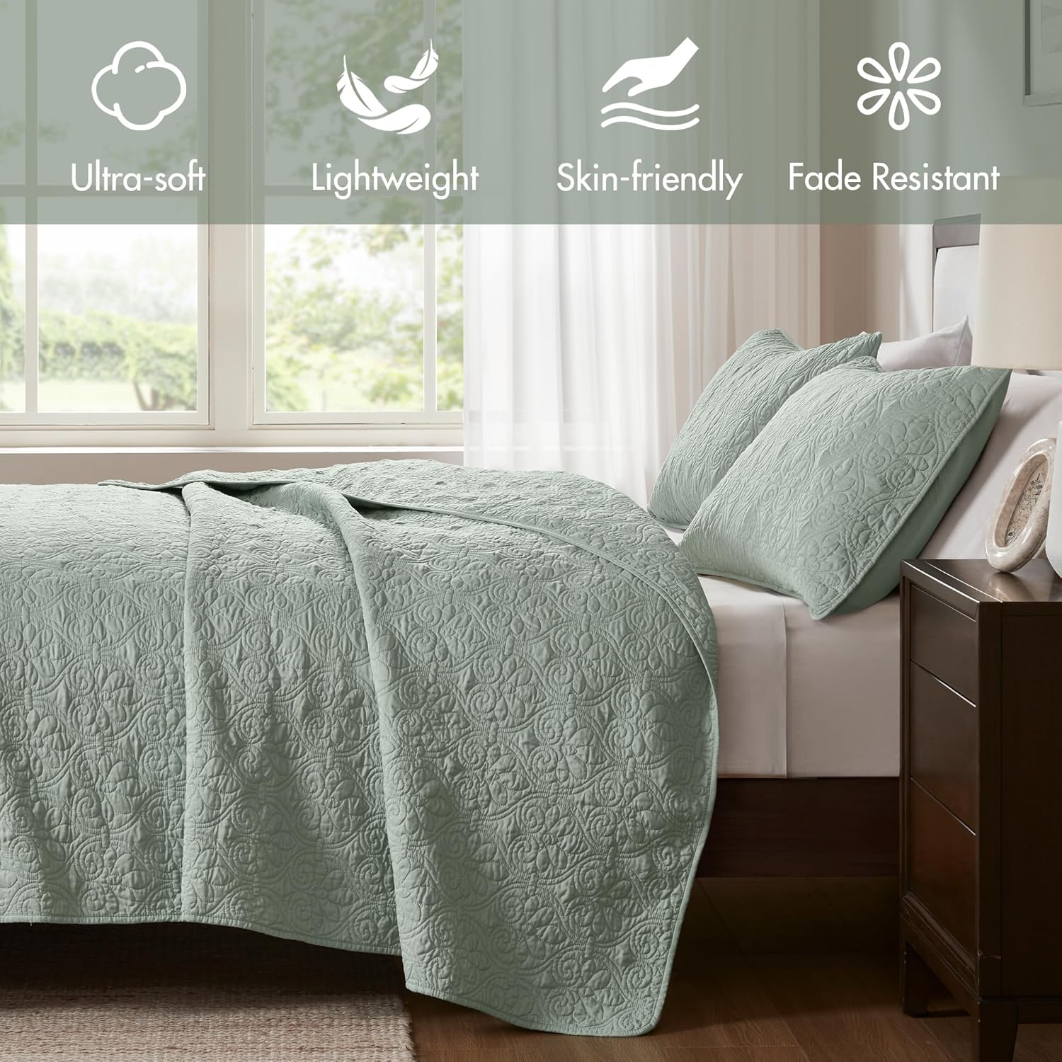 madison park quebec quilt set - luxurious damask stitching design, cotton filled lightweight coverlet bedspread bedding, shams, full/queen(90"x90"), seafoam 3 piece seafoam full/queen