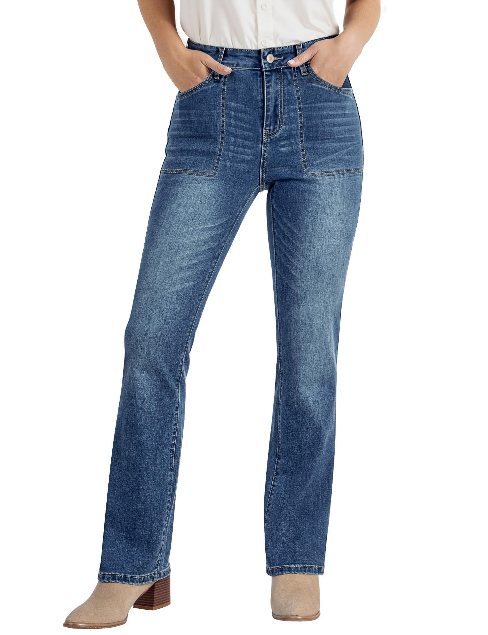 Bootcut Jeans for Women Trendy High Waisted Classic Boot Cut Stretchy Denim Pants Patch Pocket Trouser Jeans