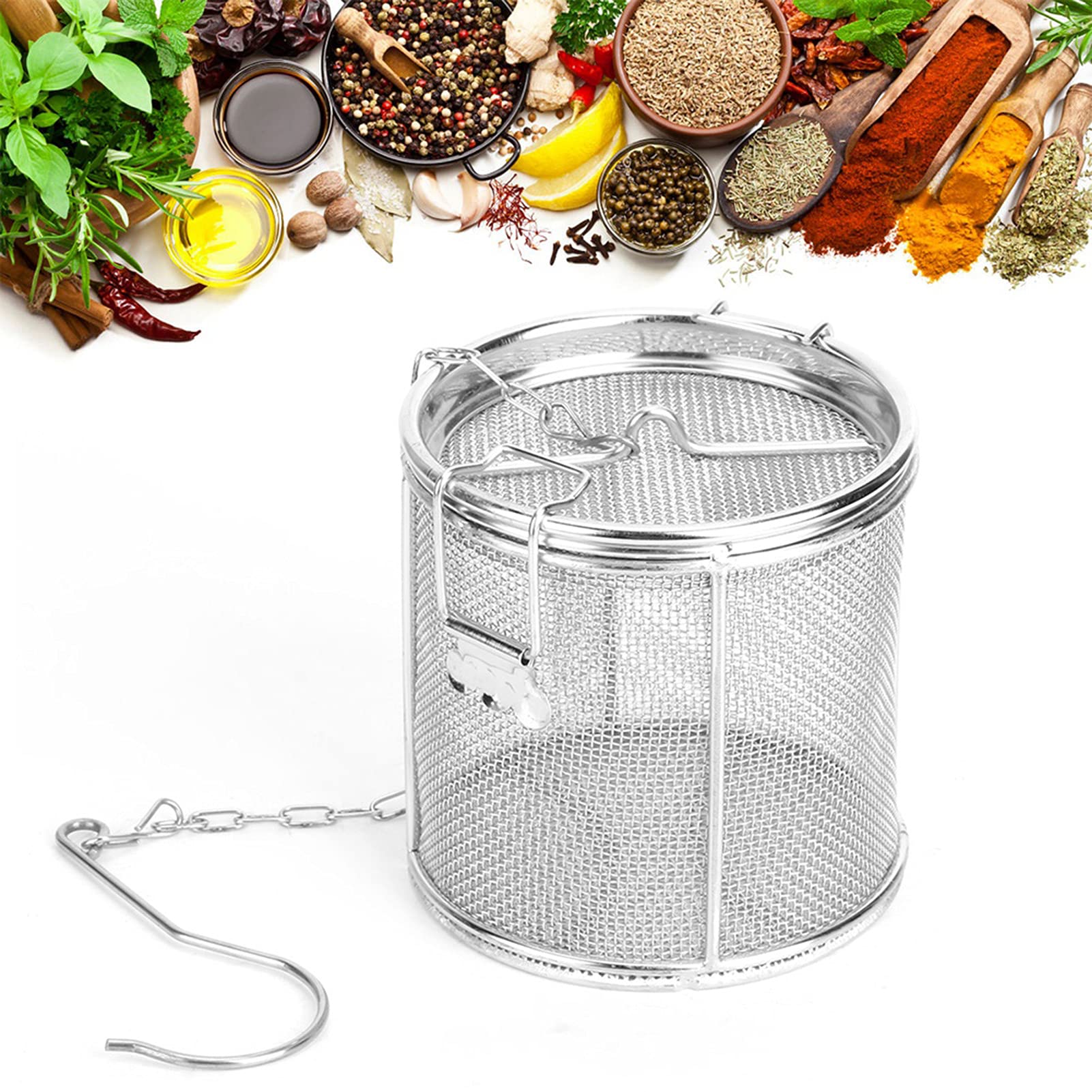 Seasoning Strainer, Stainless Steel Spice Filter, Cooking Spice Filter, Mesh Design Tea Ball Strainer Soup Seasonings Seperation Basket Filter with Chain Hook for Home Restaurant (10 * 10cm)