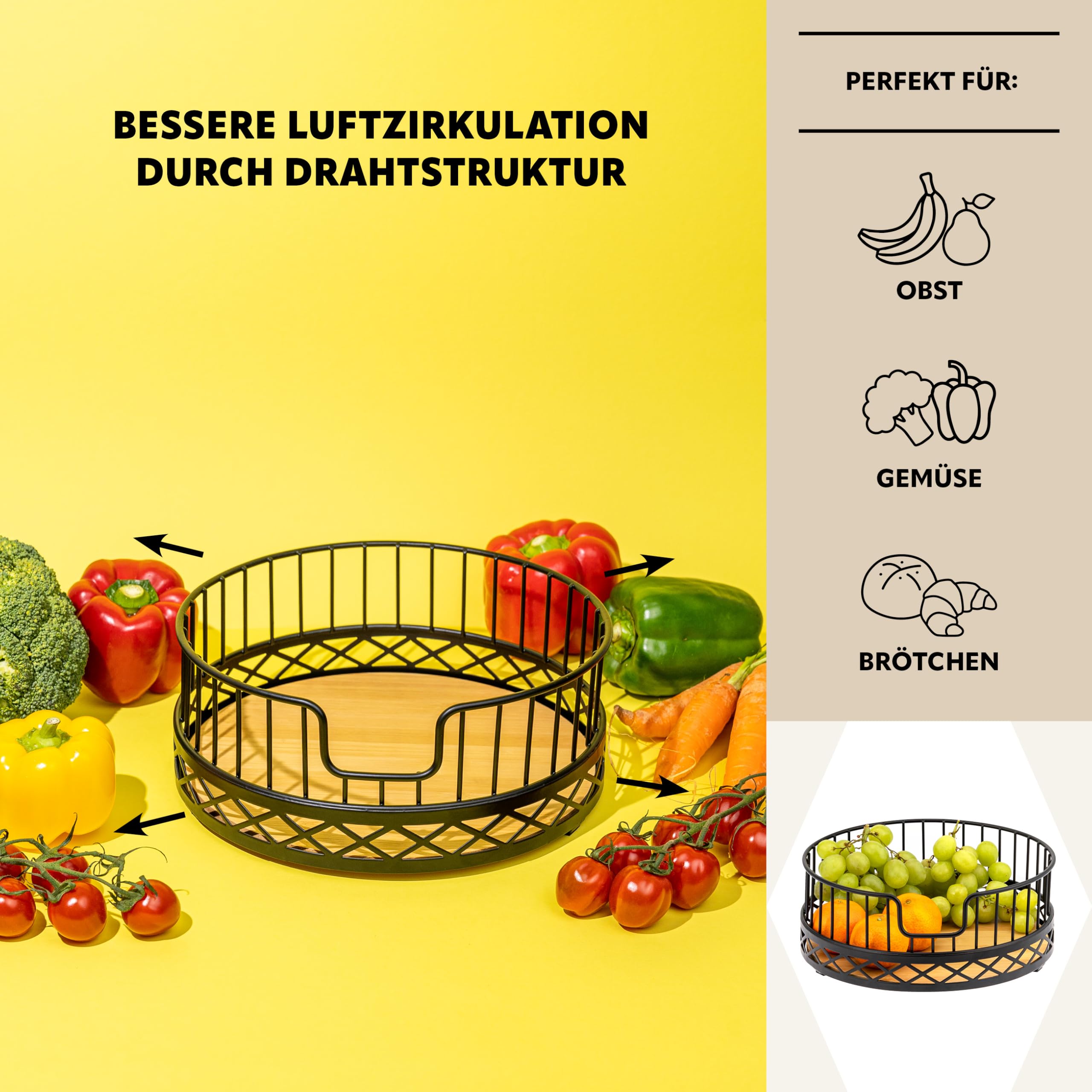 bremermann Küchenutensilien 3er Set, Küchenhelfer bestehend aus 1x Küchenrollenhalter, 1x Utensilienhalter und 1x Obstkorb/ Obstschale, moderne Materialkombination aus Bambus und Metall