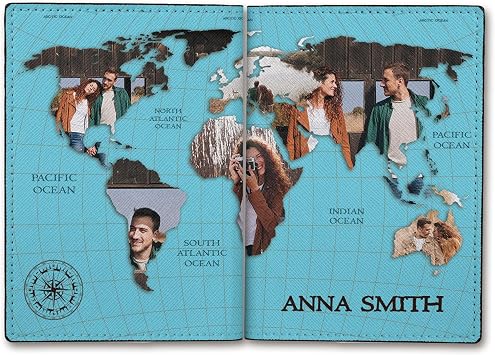 Personalized Passport Cover for Couples - 4" x 5.6" - Customize Your Passport Holder with Your Photos & Name - World Map Collage Theme PU Leather Passport Wallet