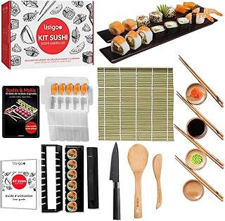 lisigoo Kit sushi maki complet - Sushi maker - Appareil pour fabrication sushi - Coffret avec natte en bambou, couteau japonais, baguettes, moule à sushi, moule à maki - Idée cadeau homme femme