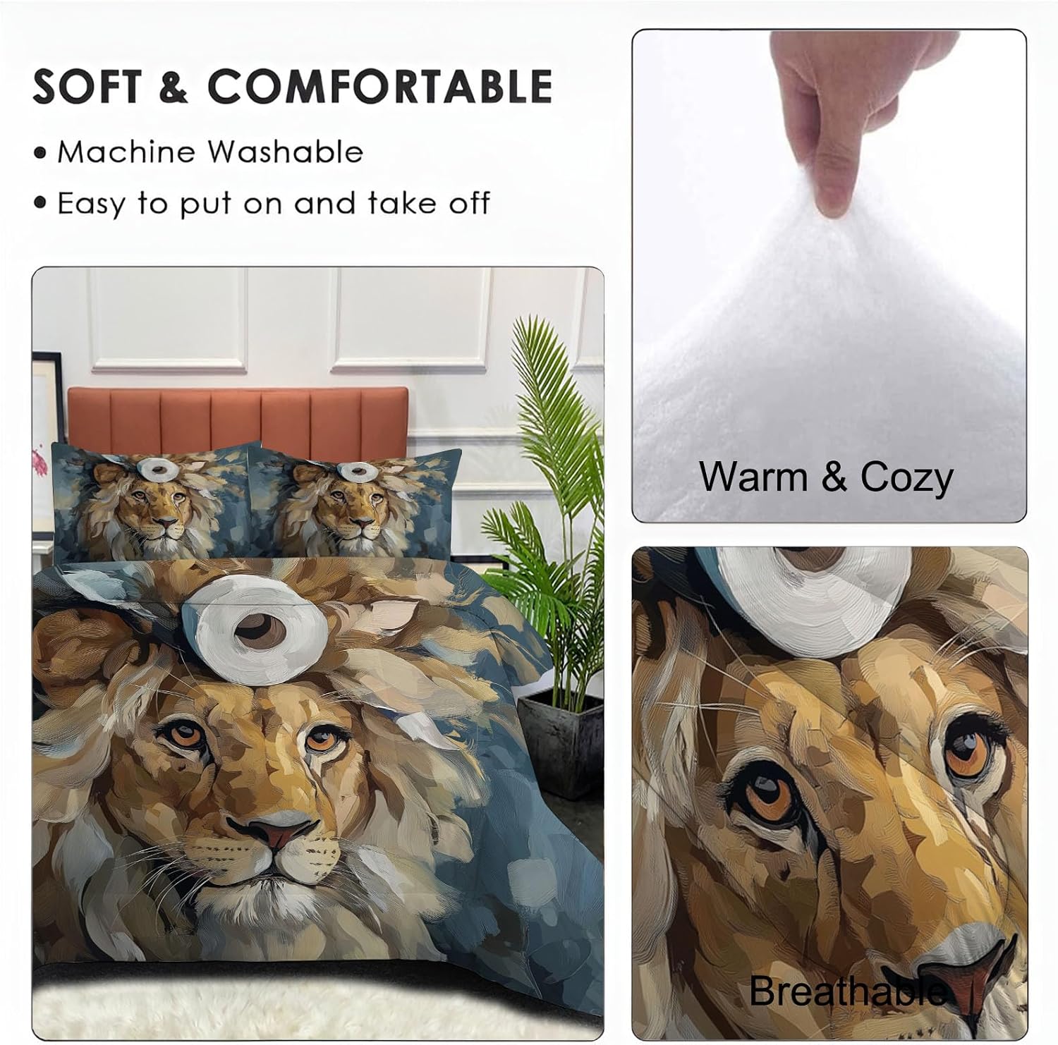 Oil Painting of Animals Comforter Set Twin Size, Realistic Lion Portrait Bedding Set for Girls Boys, Light Brown Quilt Bed 68"X90" Bedding Comforter Sets with 2 Pillowcase Room Decor
