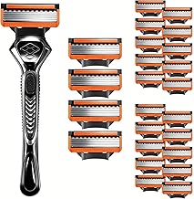 Fusio-N 5 Pack of 24 Razor Blades, 1 Reusable Handle + 24 Refill Cartridges, Safety Razor Blades for Trimming Body Hair and Beards, Easy Shaving