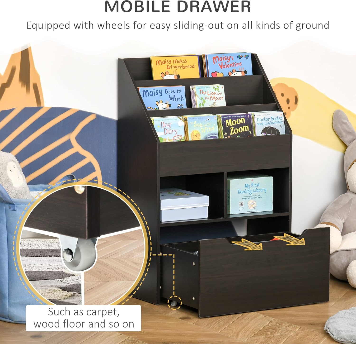 HOMCOM Kids Bookcase Multi-Shelf Rack Organizer with Storage Drawer for Books, Playroom, Brown