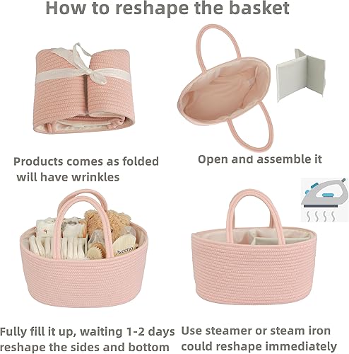 Miniatura 7 de Organizador de pañales de cuerda de algodón, cesta de bebé, almacenamiento y bolsa portátil para automóvil, ideal para baby shower, regalos y Rosa