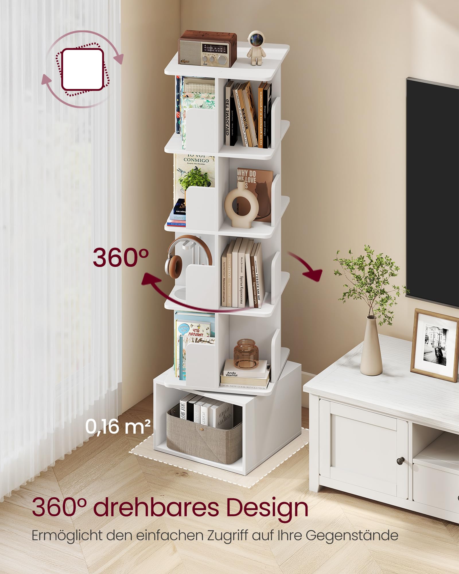 VASAGLE Custos Drehbares Bücherregal 5 Ebenen Standregal 40x40x155,8 cm wolkenweiß