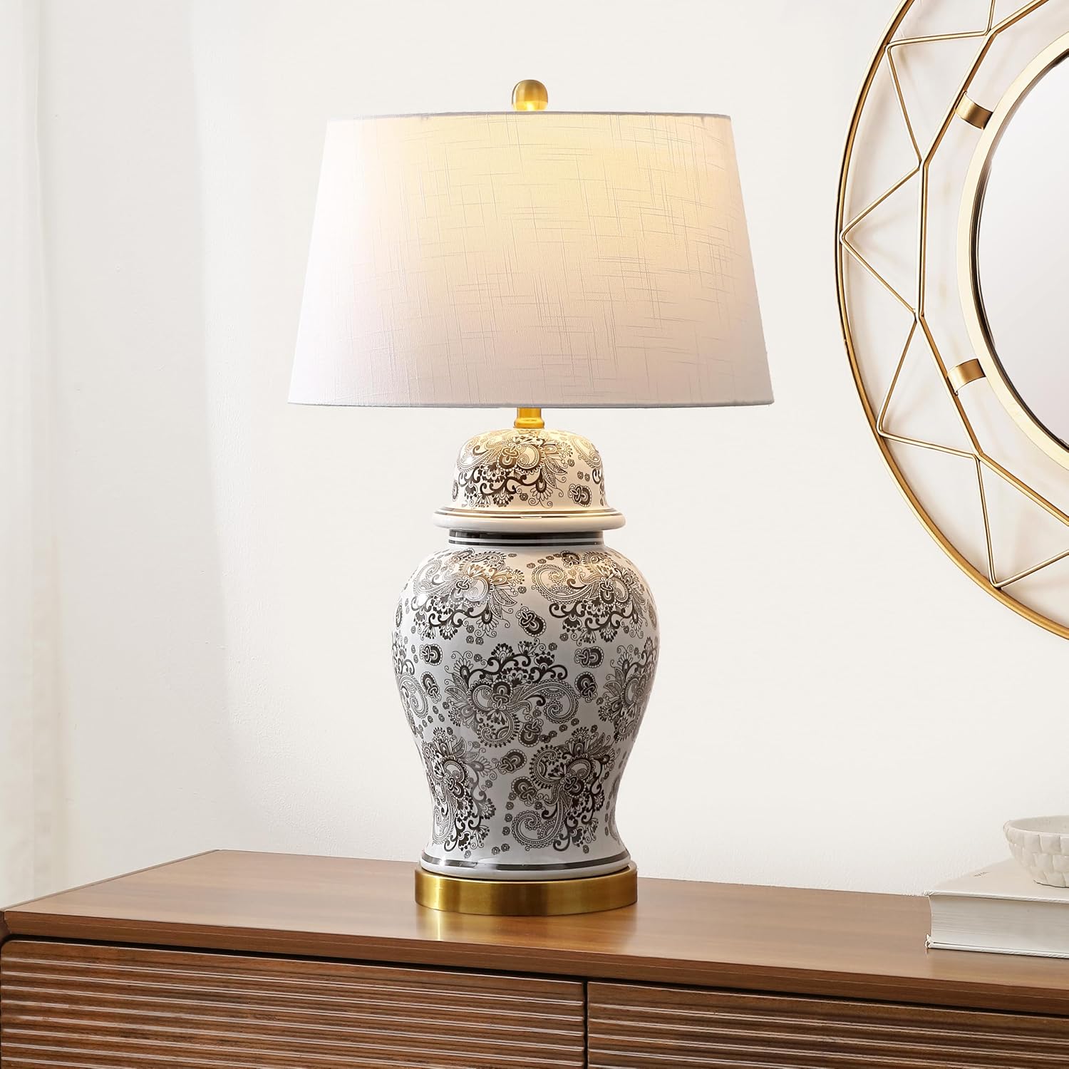 JONATHAN Y 29.5" Gray/White Ceramic Table Lamp for Living Room and Office, White Linen Drum Shade, Traditional Chinoiserie Ginger Jar Lamp, LED Bulb Included (JYL3008B)