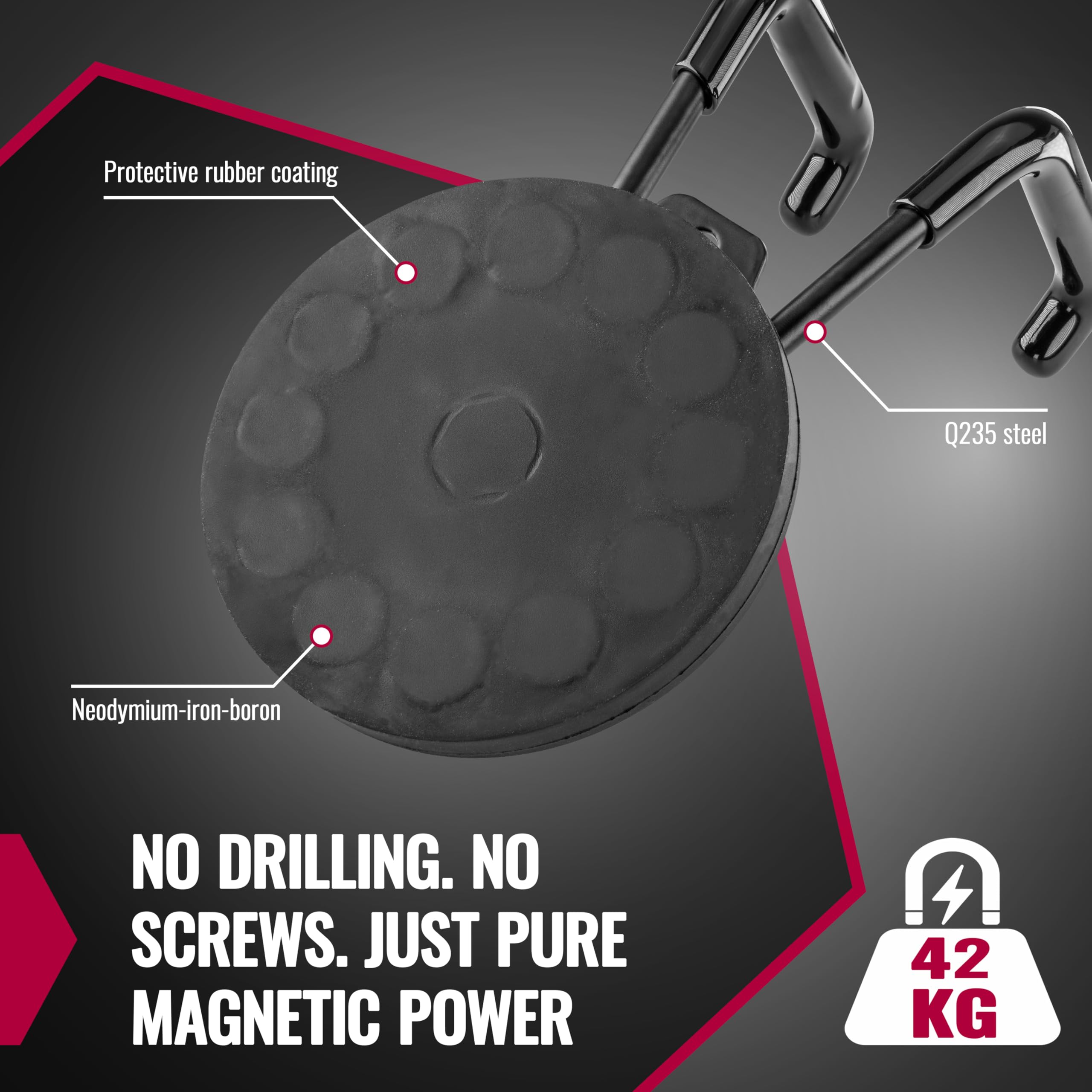 POPPSTAR 2 Magnetic Garage Hooks (Round diameter 88 mm, Pulling Force 42 kg, Height 80 mm), Black, Set 4 - Image 3