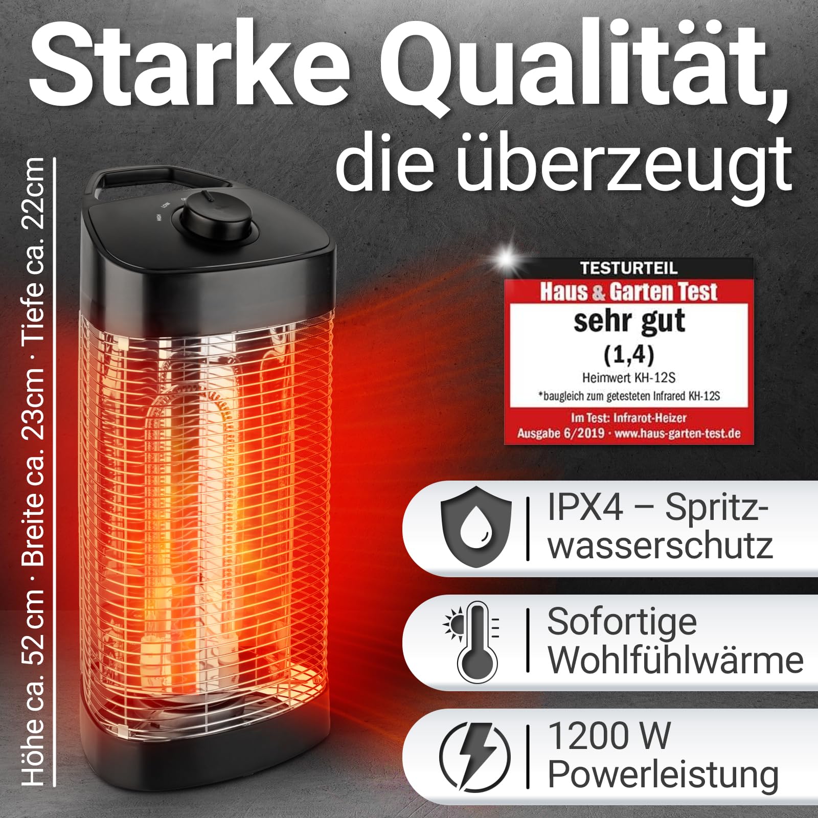 Heimwert Infrarot Stand Heizstrahler – Sofortige Wohlfühlwärme für Terrasse & Innenbereich, mobil & effizient, geräuschlos & allergikerfreundlich - Testurteil Sehr gut (52cm Höhe)