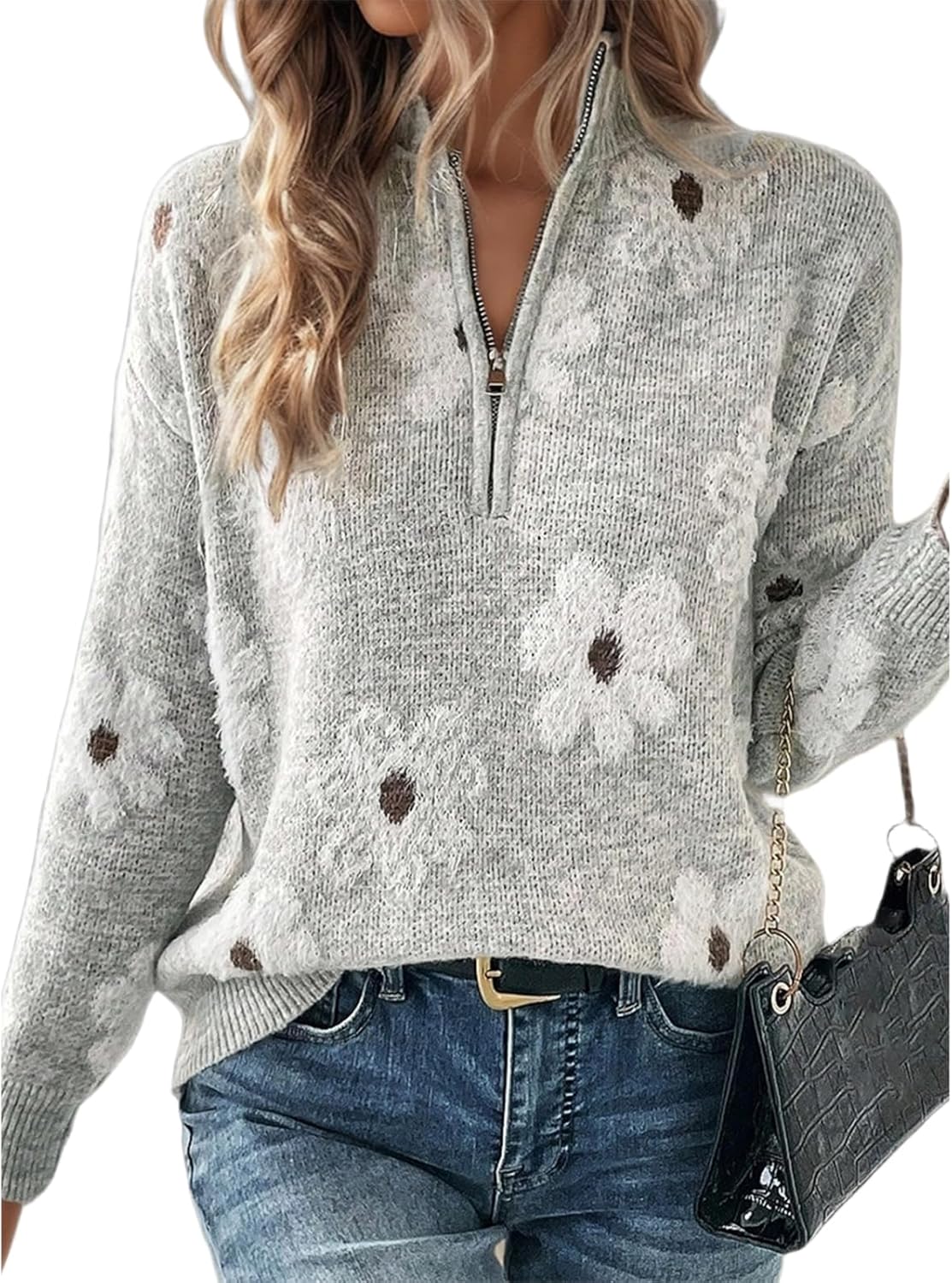 Flamingals Long Sleeve V Neck Sweaters for Women High Neck Half Zip Floral Pattern 2025 Trendy Cute Pullover Sweater Tops