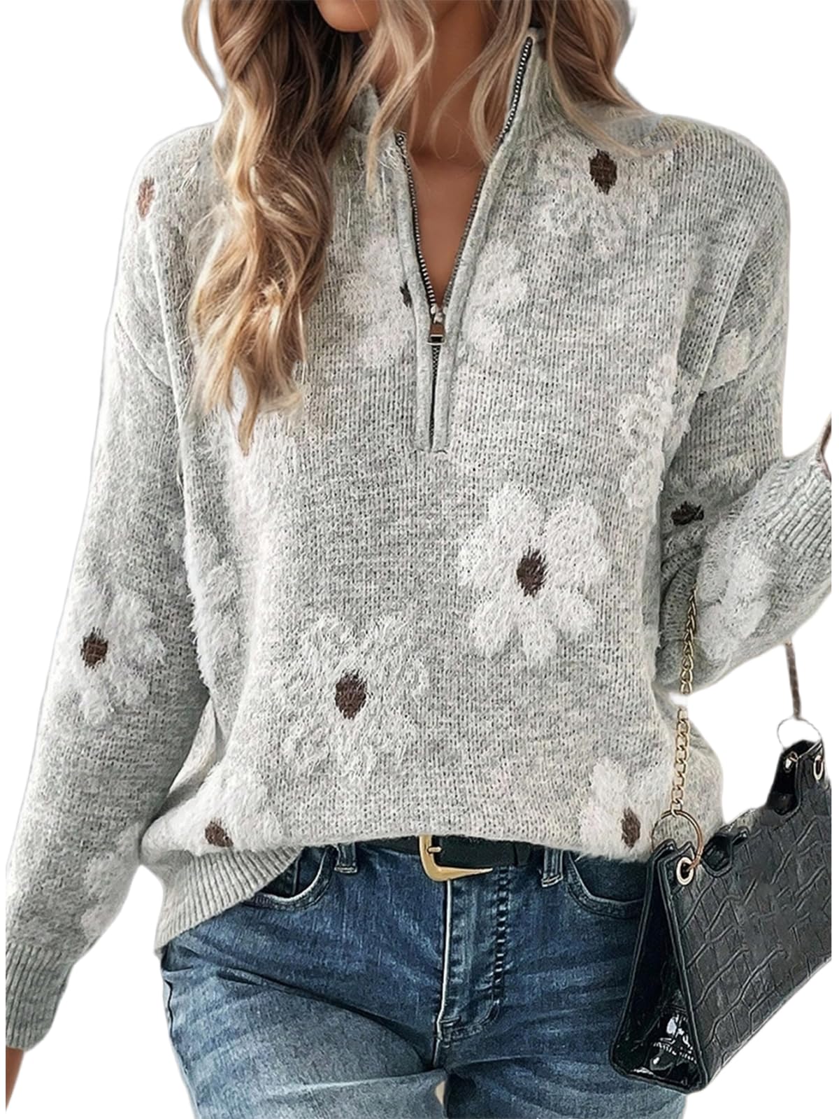 Flamingals Long Sleeve V Neck Sweaters for Women High Neck Half Zip Floral Pattern 2025 Trendy Cute Pullover