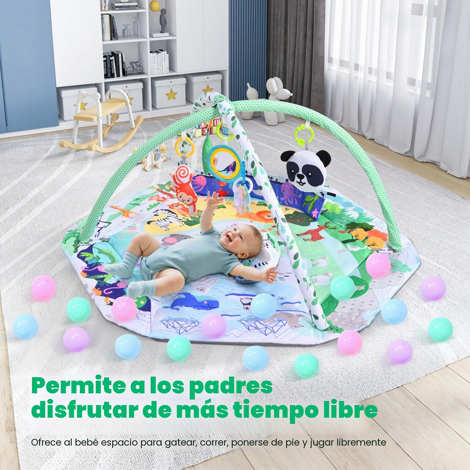 Arco de juego plegable para bebé con zonas de desarrollo, juguete sensorial interactivo de madera, manta para gatear para bebés para la motricidad y el desarrollo sensorial, esencial para 0 – 18 meses