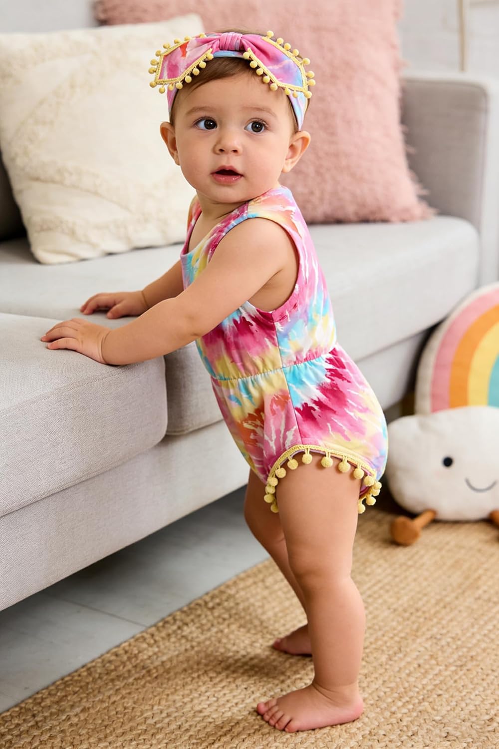 UNICOMIDEA Baby Girl Clothes 0-24 Months Floral Sleeveless Baby Cowgirl Newborn Romper Jumpsuit Outfit Set with Headband