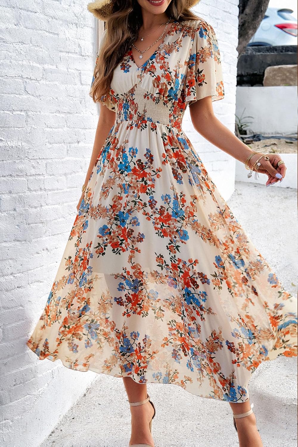 Women's Floral Maxi Dress Flowy V Neck Empire Waist Summer Wedding Guest Party Casual Chiffon Dress - Image 5