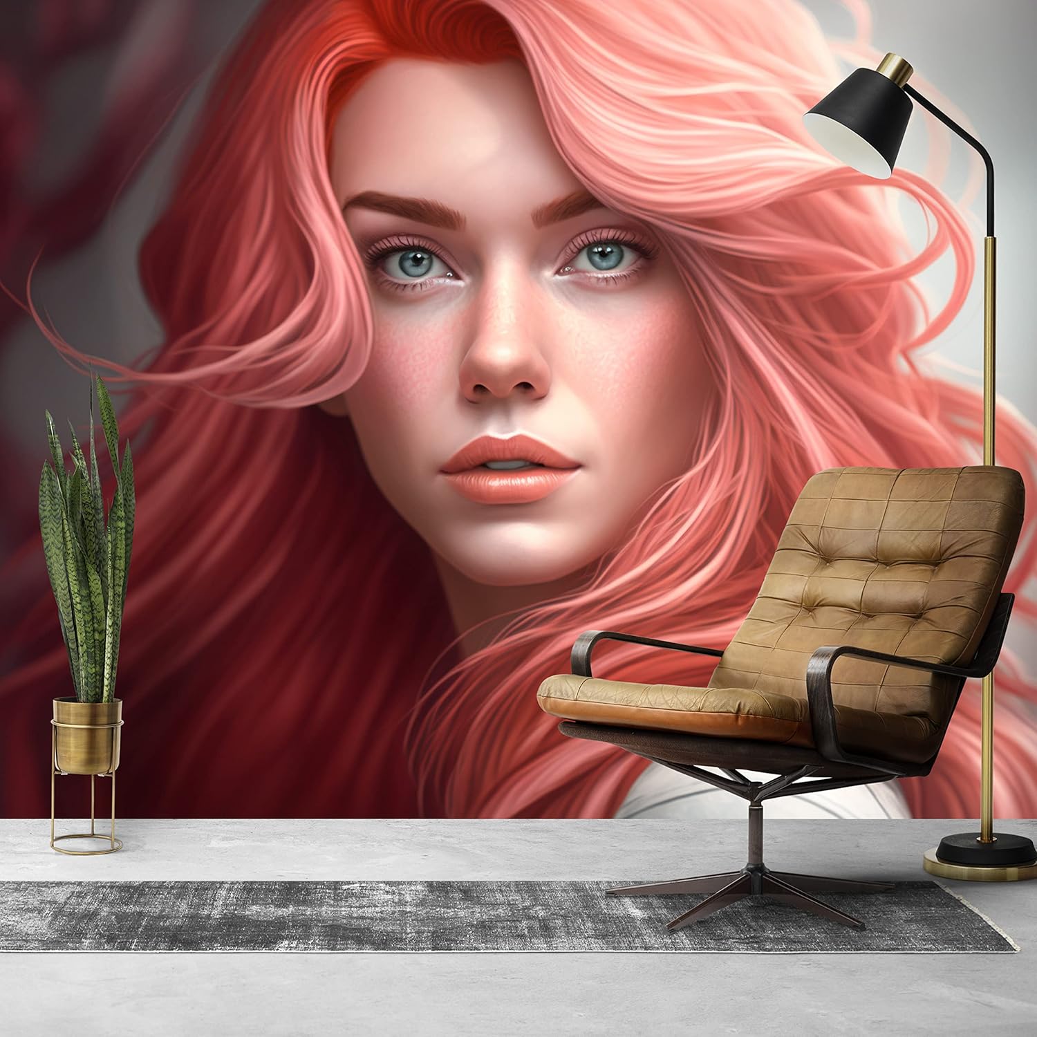 Long Pink Hair Women Hairdresser Wall Mural Wallpaper - Beauty Salon Decor and Makeup Studio Decal - Vinyl Wall Art Stickers- Peel and Stick Poster (Peel and Stick, 79''Wx79''H)