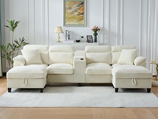 FREEHOMAE 117 Inch Sofa Couch,Sectional Couches for Living Room with 2 Cup Holders,Corduroy Modular Sectional Sofa with Movable and Storable Ottoman.(Beige)
