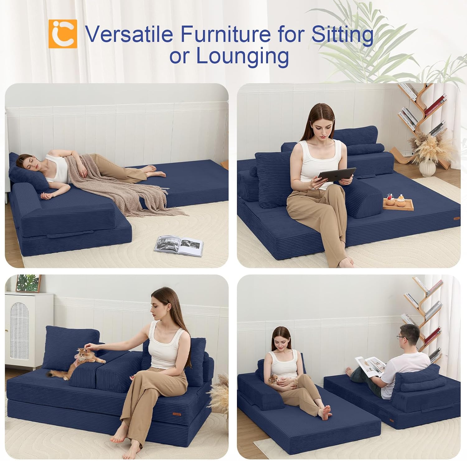 COMAX Convertible Sofa Bed, Folding Floor Couch Corduroy Fold Out Couch Bed Futon Sleeper Mattress with Pillows, Boneless Sofa Comfy Lounge Loveseat for Living Room Bedroom, Navy