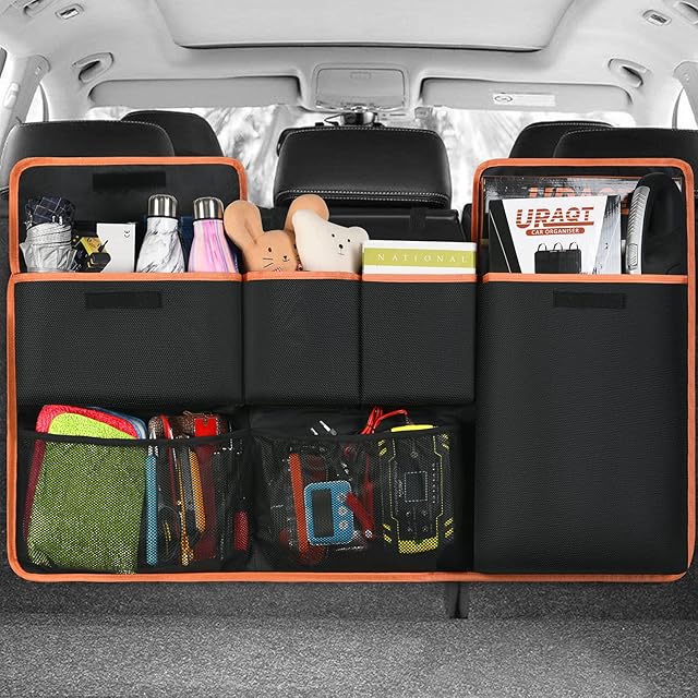 URAQT Car Boot Organiser Waterproof Kick Mats Car Organiser Seat Back Protectors, Multi-Pocket Children's Travel Storage, Durable Foldable Cargo Net Storage for Car Backseat Cover (100x45cm)