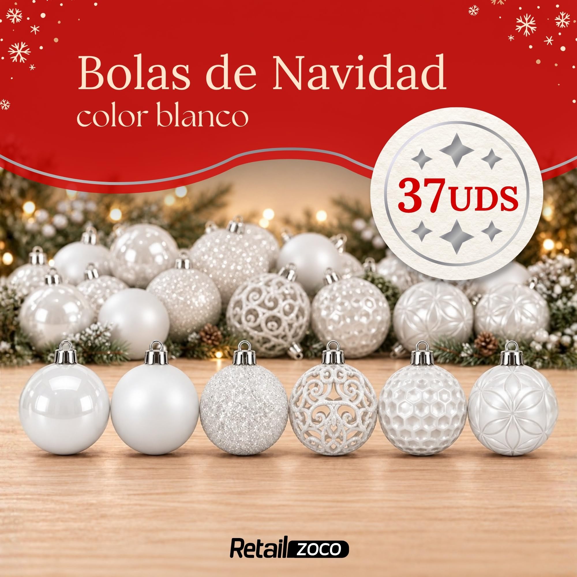Bolas de Navidad, Adornos Arbol Navidad, 37 Piezas, Blanco - imagen 2