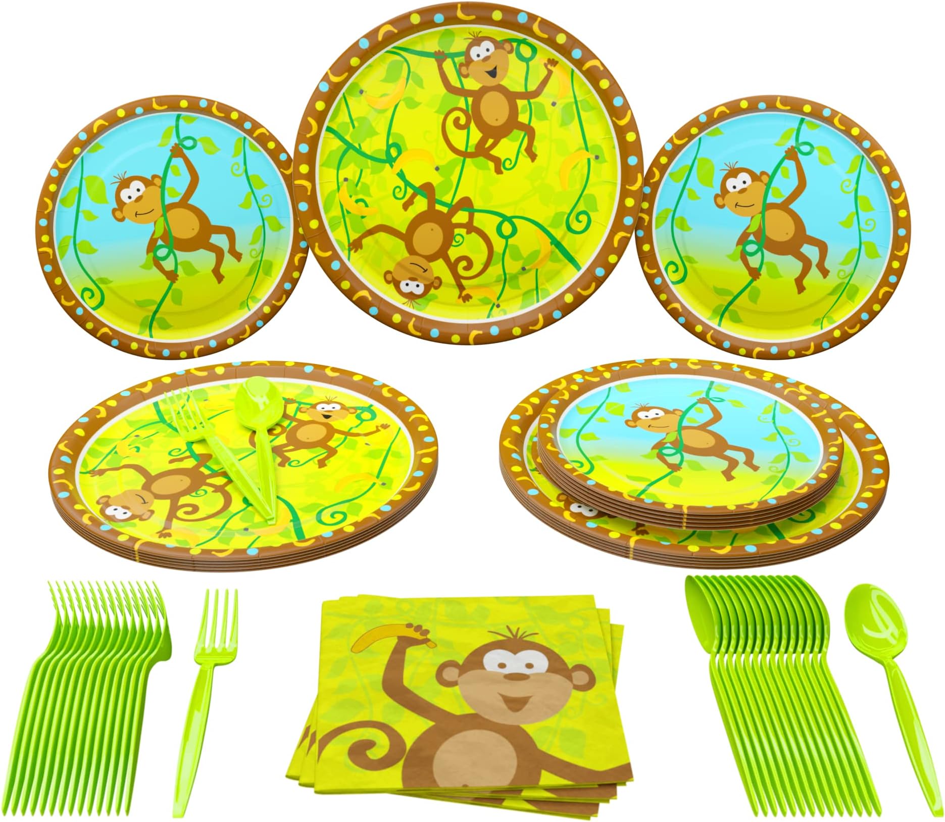 Monkey Party Supplies Pack (100 Pieces for 16 Guests) - Monkey Birthday Party Supplies, Jungle Monkey Party Decorations, Plates and Napkins, Banana Party, Monkey Themed Party, Blue Orchards