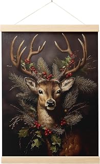 Evcprz Dark Christmas Reindeer Holly Wall Art Poster Hanger Frame, Christmas Reindeer Decor, Vintage Moody Botanical Elk Hanging Canvas Prints Wall Art Decor for Home Living Room, 12x16 Inch