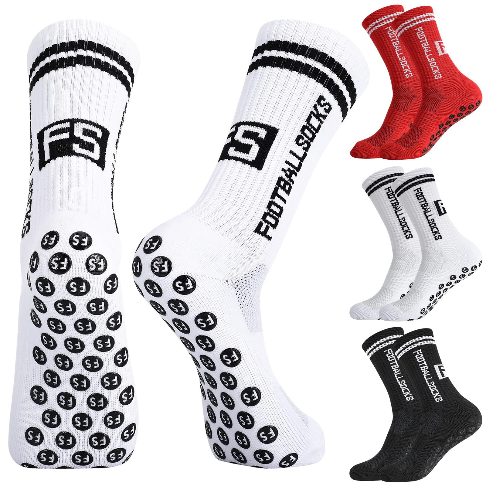 Apricitie 3 Paare Fussball Socken Kinder Fußballsocken Anti Rutsch Grip Jungen Fußball Socken Rutschfeste Sportsocken für Fussball Basketball Laufen Rugby Tennis(S, Weiß+Schwarz+Rot)