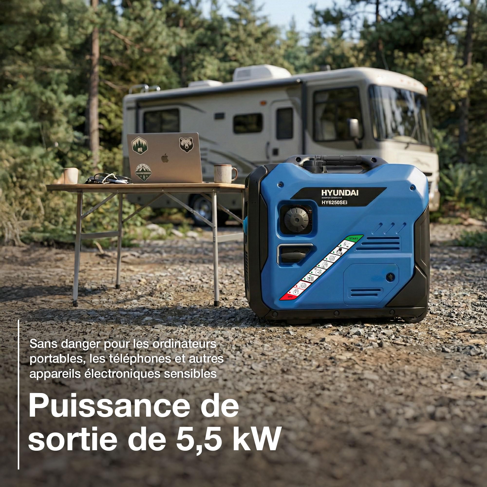 Hyundai Groupe Électrogène Inverter 5500 W / 5 kW Continu, Démarrage Électrique, Essence, Onde Sinusoïdale Pure, Réservoir 11 L, Garantie 3 Ans - HY6250SEi-EU