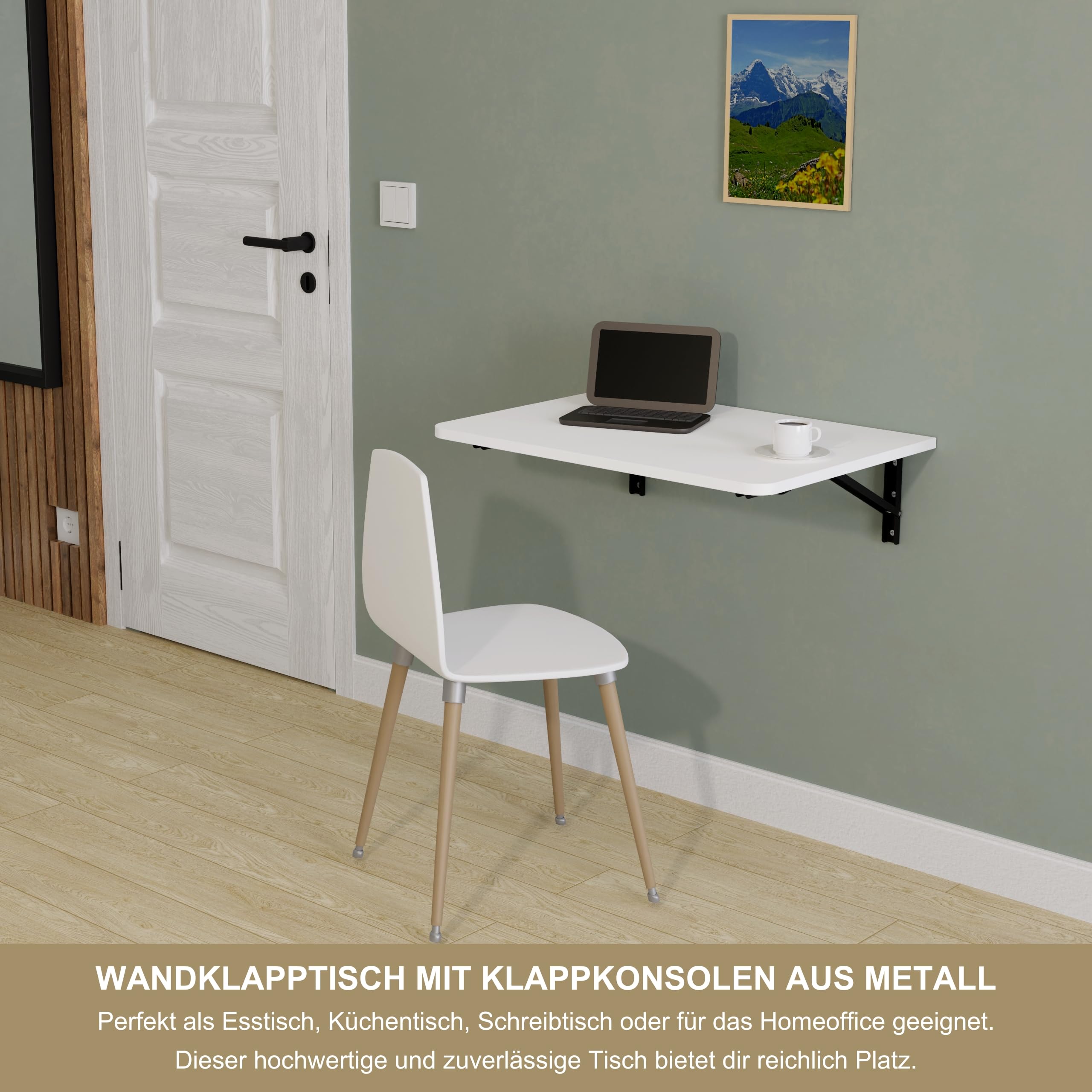 Wandklapptisch Schreibtisch Tischplatte 70x50 cm Klapptisch Esstisch Küchentisch für die Wand Bartisch Stehtisch Wandtisch Tisch klappbar zur Wandmontage (Weiß)