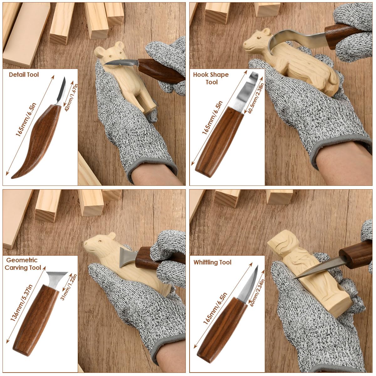 23pcs Kit Sculpture Bois, Kit de Sculpture Sur Bois avec 5 Couteaux à Détails, 4 Couteaux à Sculpter, 9 Bois à Sculpter, Pâte à Polir, Gants, Sac PU, Kit Sculpture Sur Bois, pour débutants&pros