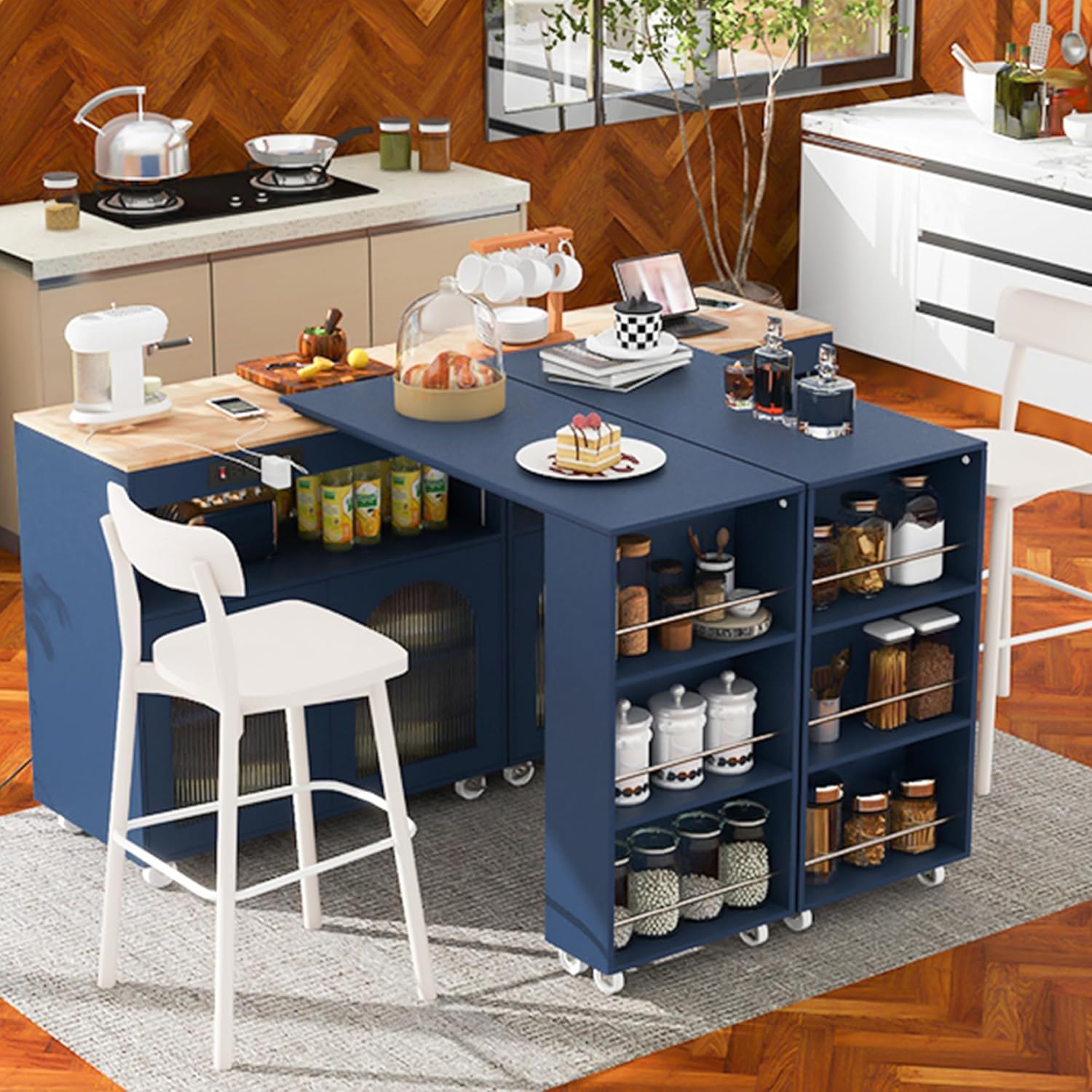 Rolling Kitchen Island With Extended Table, Kitchen Island on Wheels with LED Lights,Power Outlets and 2 Fluted Glass Doors, Kitchen Island with a Storage Compartment and Side 3 Open Shelves, Navy
