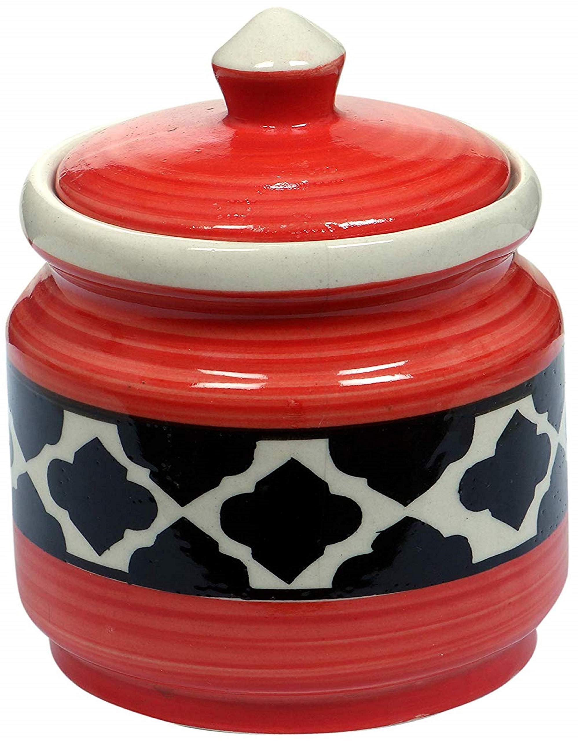 Red Pottery Hand Painted Cornichon Storage Jar Container with Lid Mughal Ceramic Food Storage Multipurpose Storage Container for Home (Red, 2 KG)