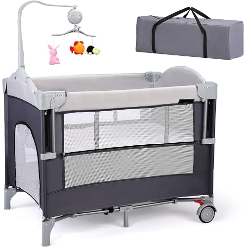Bonnlo 4 in 1 Pack and Play, Bedside Crib Sleeper with Padded Mat (Gray)
